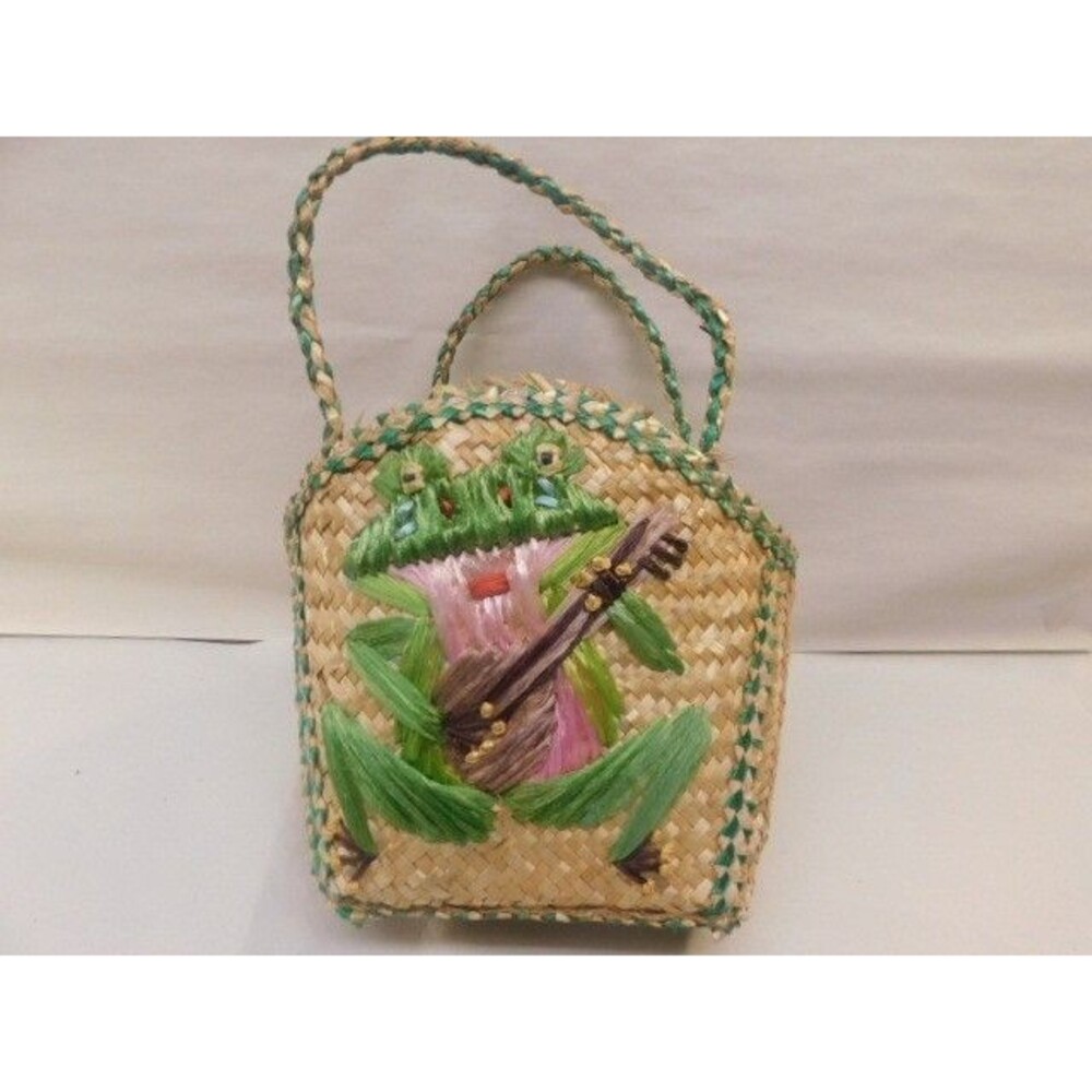 Vintage Woven Straw  Frog Handbag Basket Plastic Lined